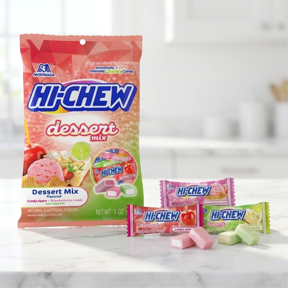 Morinaga Hichew Dessert Mix candies inside 1 | Snack Affair Archives Large bag of Hi-Chew Dessert Mix candies with colorful packaging and several pastel chews on a marble countertop in a bright kitchen.