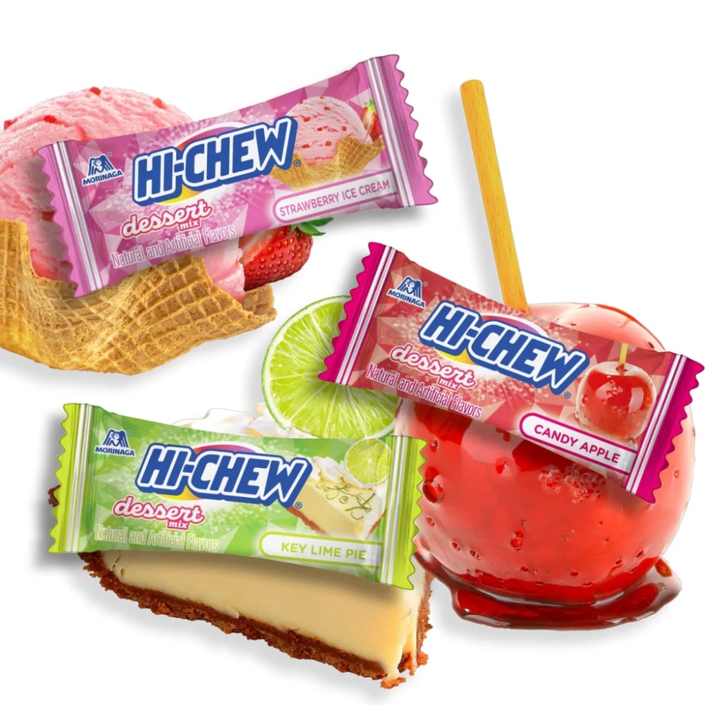 Morinaga Hichew Dessert Mix candies inside | Snack Affair Archives Hi-Chew dessert mix candies in assorted flavors (strawberry ice cream, candy apple, key lime pie) with wafer cone and lime slice on white background.