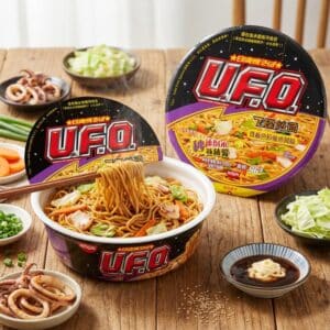 Archives Two UFO instant noodle cups on a wooden table, with chopsticks lifting noodles from a bowl and sides of vegetables and sauce.
