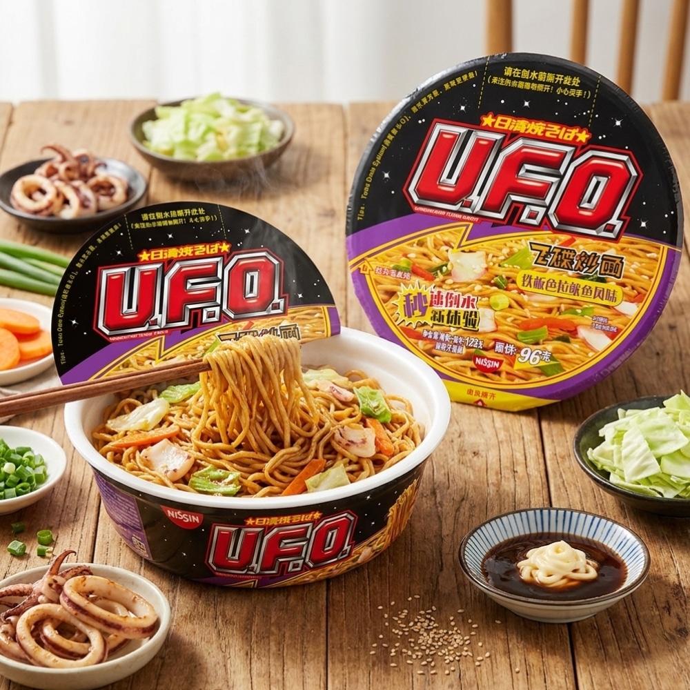 Nissin UFO Teppanyaki Squid Flavour Yakisoba Bowl | Snack Affair Archives Two UFO instant noodle cups on a wooden table, with chopsticks lifting noodles from a bowl and sides of vegetables and sauce.