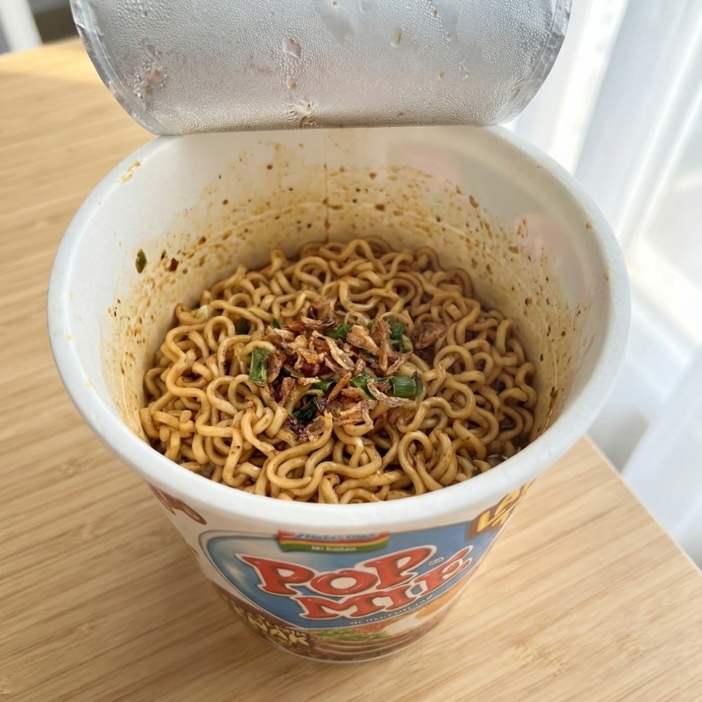 Popmie Rasa Mi Goreng Spesial 3 | Snack Affair Archives Cup of instant ramen noodles with scallions and fried onions on top, lid open, on a wooden table.