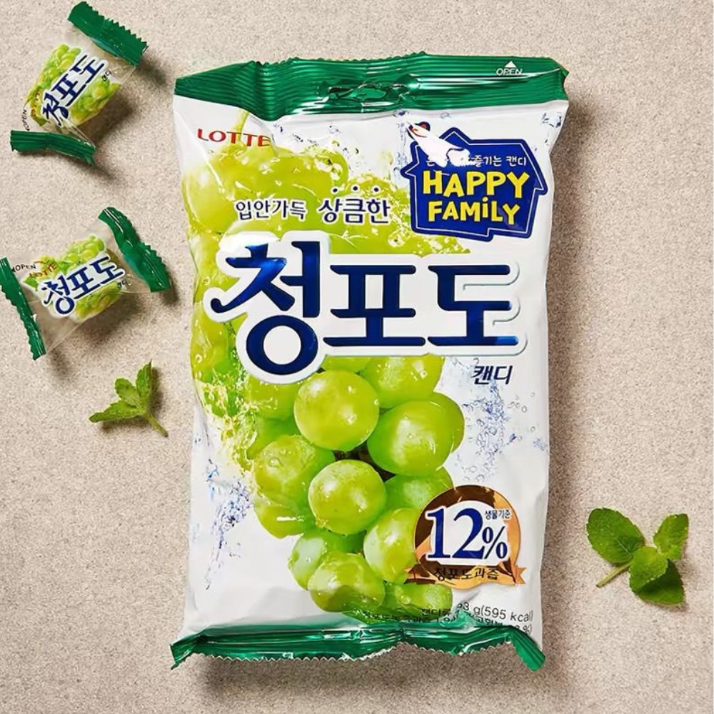 lotte green grape candy3 | Snack Affair Archives Bag of Korean grape candy with green grapes and 'Happy Family' label on white packaging.