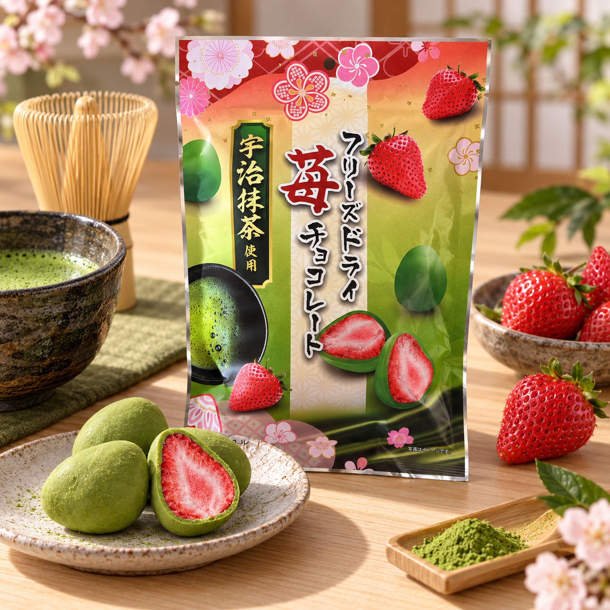FreezeDried Strawberry Matcha Chocolate 130g White Background 2 | Snack Affair Archives Package of Japanese tea with strawberry imagery, green tea visuals, and pink sakura motifs on a wooden table