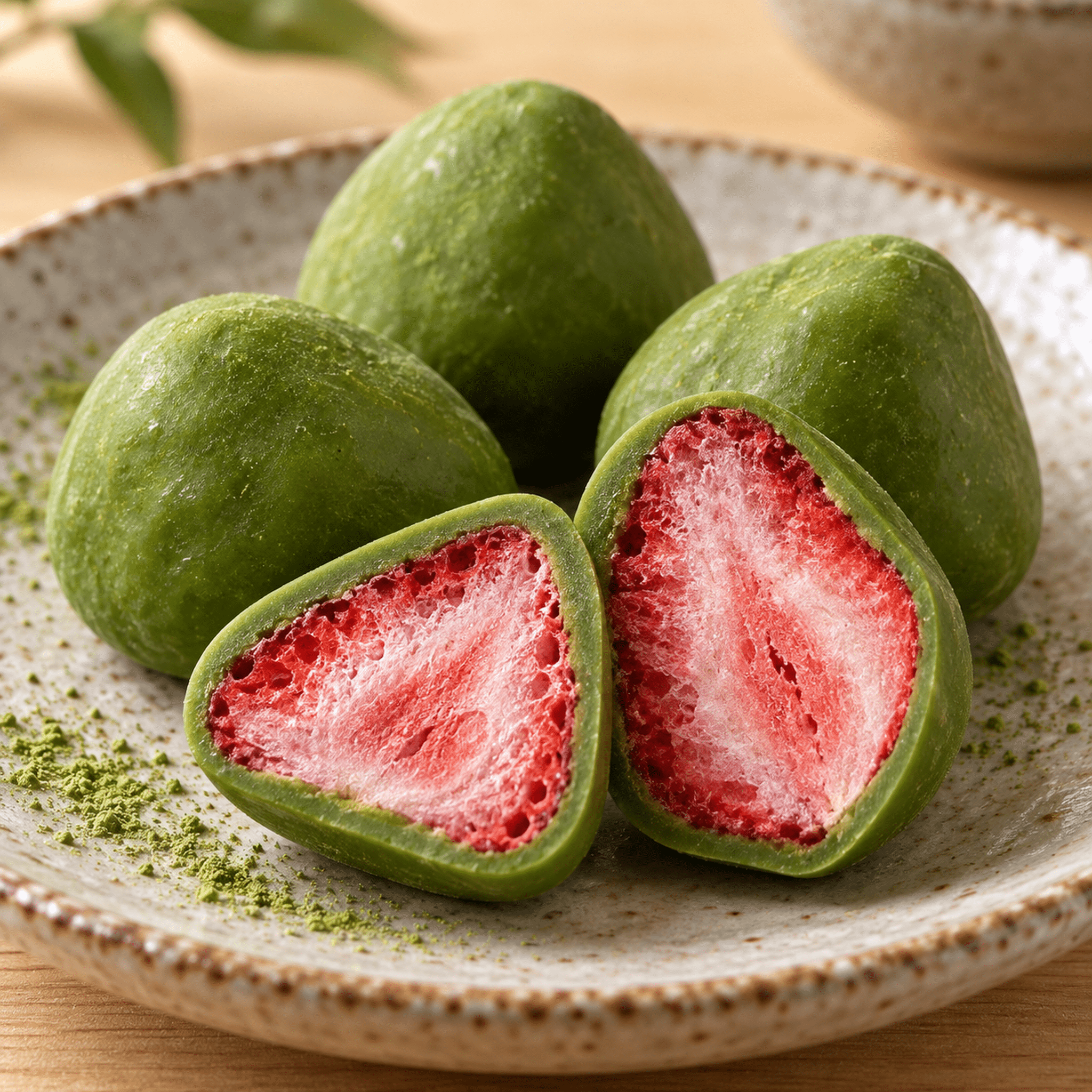 FreezeDried Strawberry Matcha Chocolate 130g White Background 3 | Snack Affair Archives Close-up of halved green dragon fruit halves, showing bright red flesh and tiny seeds on a speckled plate.