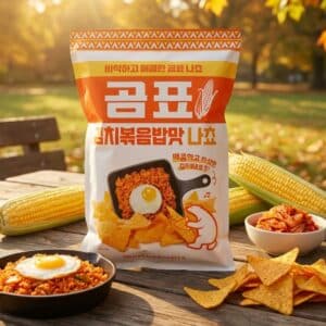 Bag of Korean corn snack on a wooden table outdoors, surrounded by corn ears and tortilla chips, with a skillet of fried egg-topped seasoned rice in the foreground.