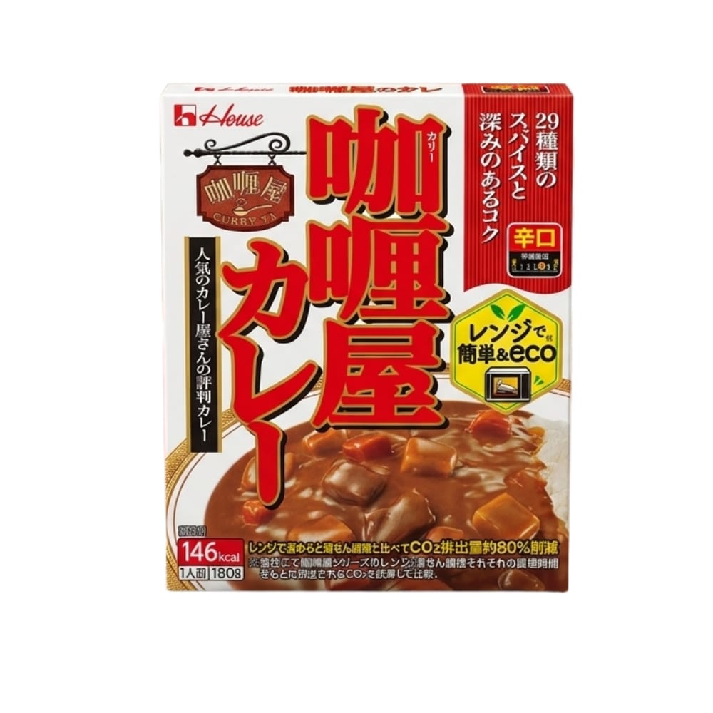 House CurryYa Medium Hot Japanese Curry white background | Snack Affair Archives Box of Japanese curry roux with bold red kanji characters and a curry dish image on the bottom; notes 146 kcal per serving (180 g).