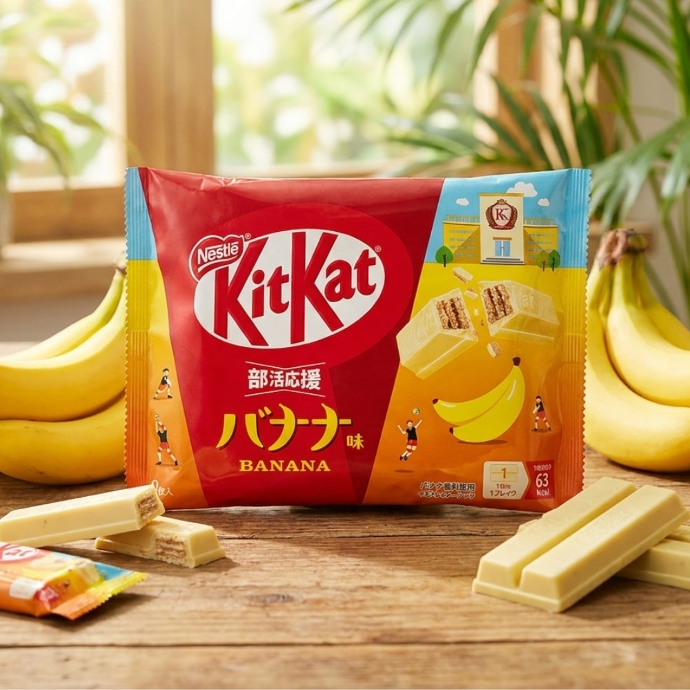 Kitkat Banana 2 | Snack Affair Archives KitKat Banana flavor packaging on a wooden surface with bananas and white chocolate bars nearby.