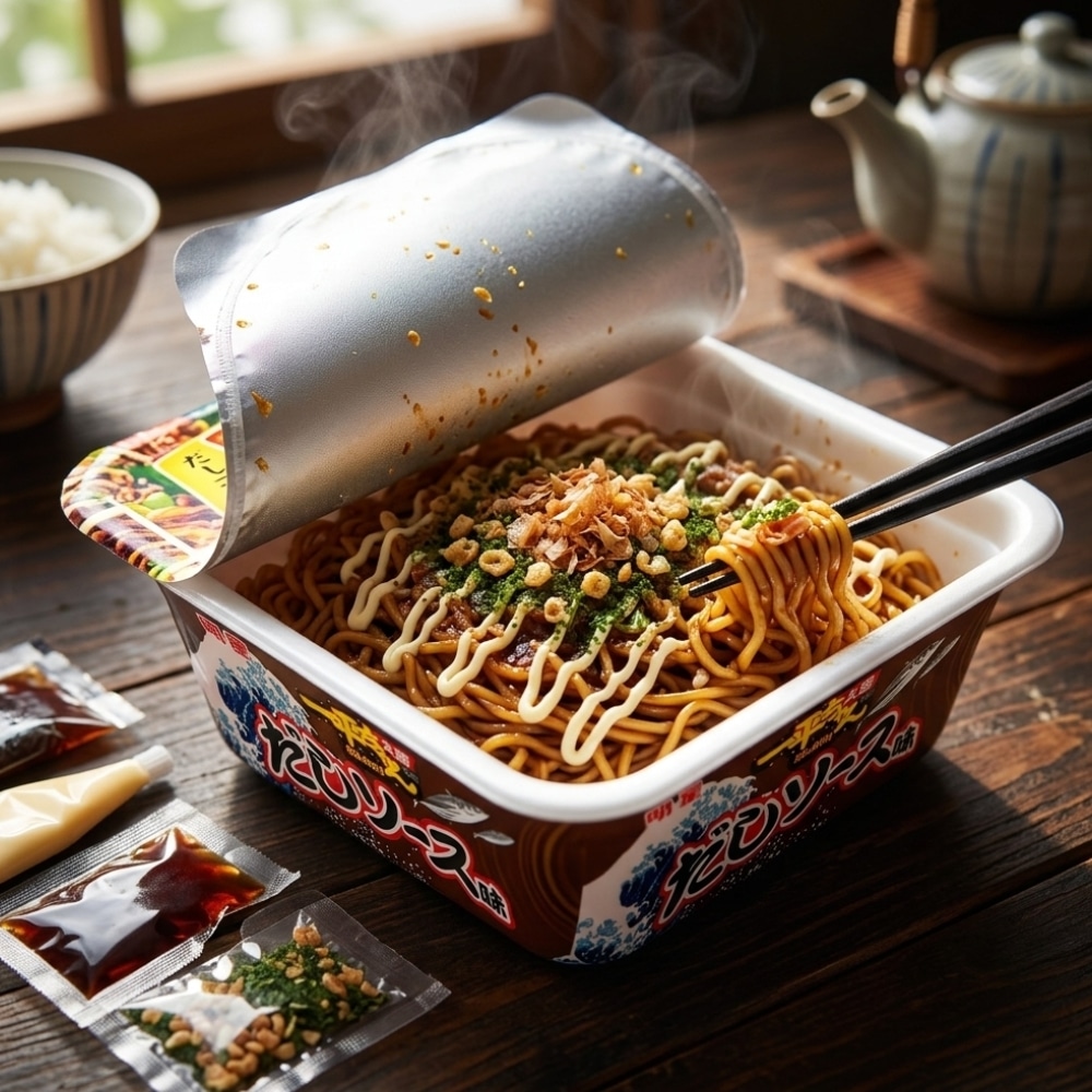 Myojo yakisoba soy sauce flavour 2 | Snack Affair Archives Cup ramen being lifted by chopsticks, noodles steaming with toppings of greens, fried onions, and a creamy drizzle on top.