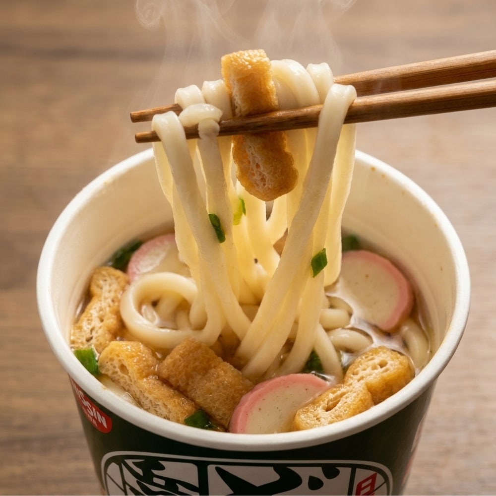 Nissin Donbei Kitsune Cup Udon close up | Snack Affair Archives Steaming cup of udon with fried tofu, kamaboko slices, and green onions being lifted by chopsticks.