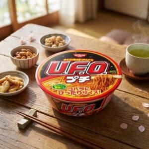 Archives Japanese instant noodle cup labeled UFO on a wooden table with small bowls and a green tea cup nearby, in warm natural light.