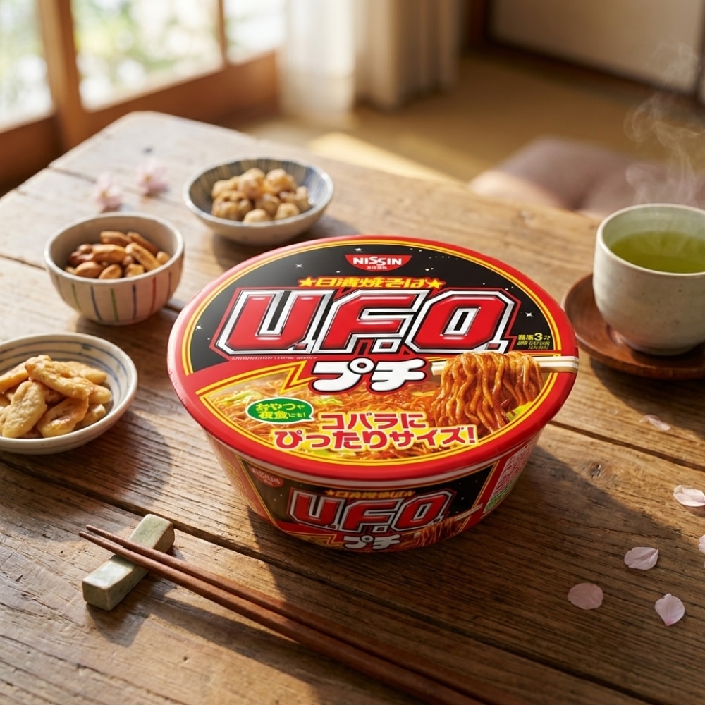 Nissin Yakisoba UFO Mini | Snack Affair Archives Japanese instant noodle cup labeled UFO on a wooden table with small bowls and a green tea cup nearby, in warm natural light.