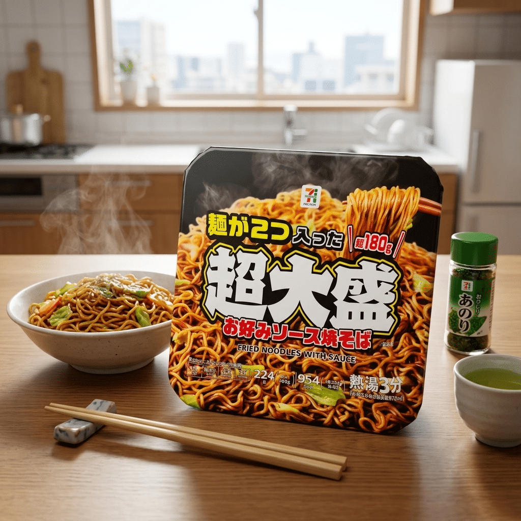 711 yakisoba extra large | Snack Affair Archives Large instant ramen package with steaming noodles on a wooden table, a bowl of cooked noodles to the left, and a green spice shaker to the right.