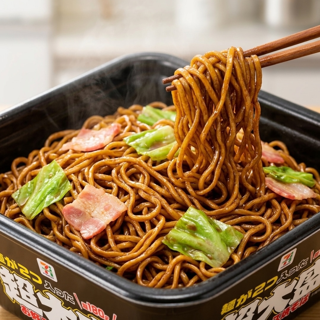 7elevenextralargeokonomisauceyakisoba | Snack Affair Archives Stir-fried dark-brown noodles with bacon and cabbage in a black takeout tray, chopsticks lifting a portion.