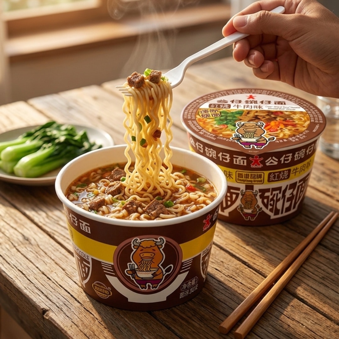 Doll brand mini bowl noodles stewed beef 2 | Snack Affair Archives A hand lifts noodles with a white fork from a beef-flavored instant noodle cup; steam rises from the bowl on a wooden table.