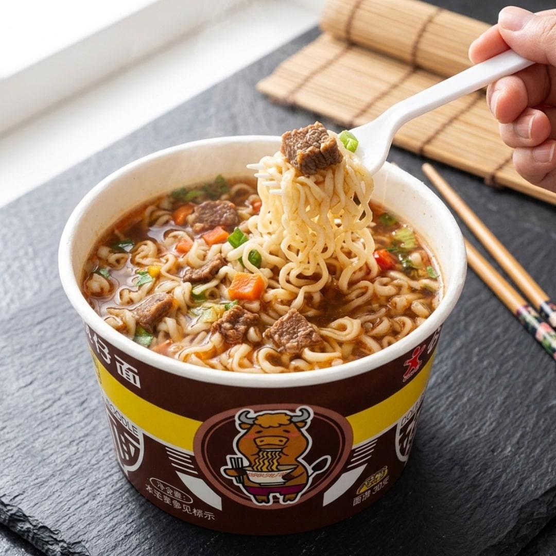 Doll brand mini bowl noodles stewed beef 3 | Snack Affair Archives Beef ramen cup with vegetables; a hand lifts noodles on a white fork above the cup.