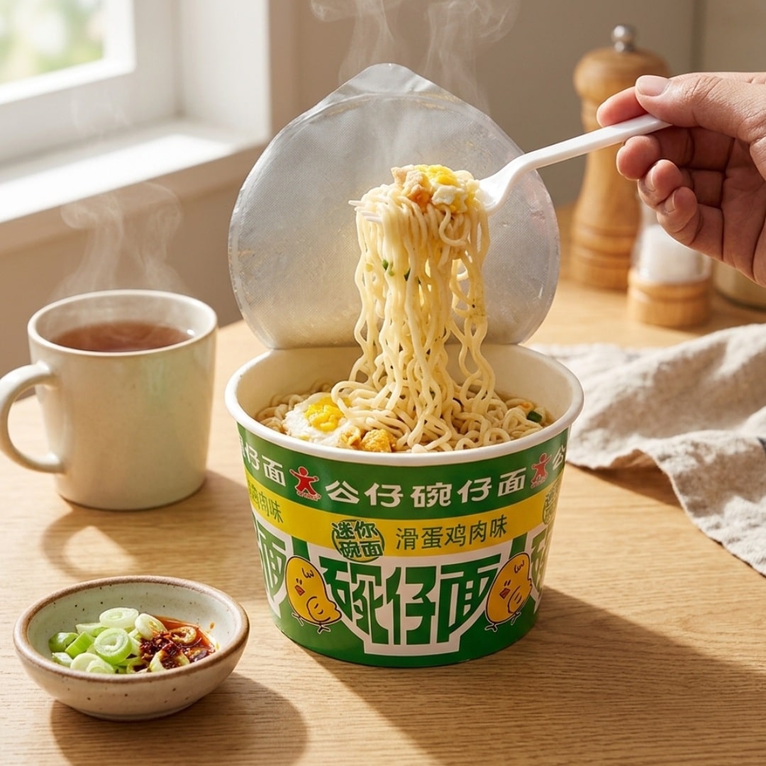 Doll brand mini bowl noodles vegetarian silky egg chicken style 1 | Snack Affair Archives Noodles lifted by a white fork from a steaming green instant-noodle cup on a wooden table, with a cup of tea nearby.