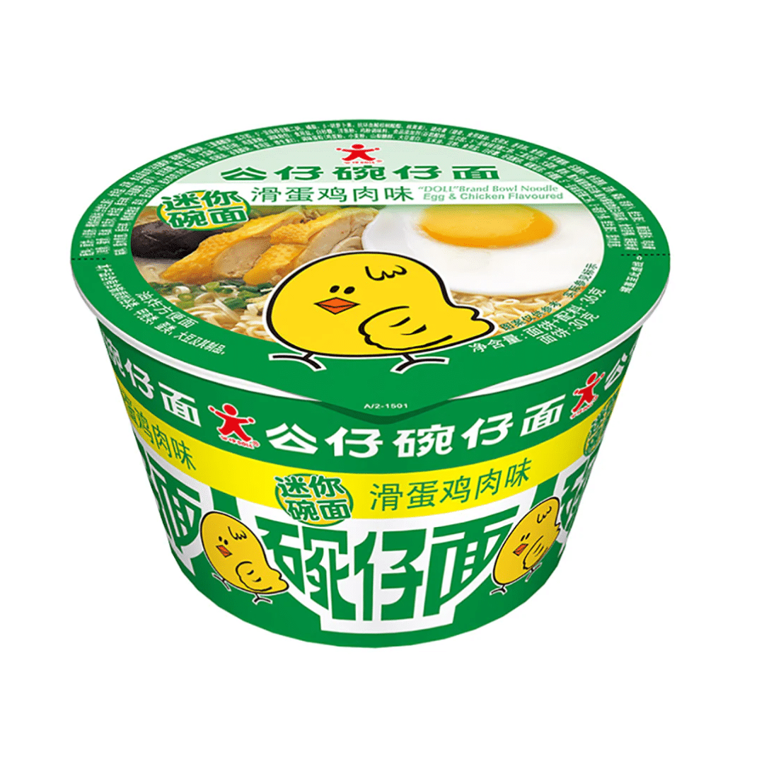 Doll brand mini bowl noodles vegetarian silky egg chicken style | Snack Affair Archives Green instant noodle cup featuring a cartoon yellow chick on the lid and Chinese text, with an egg image on the lid.