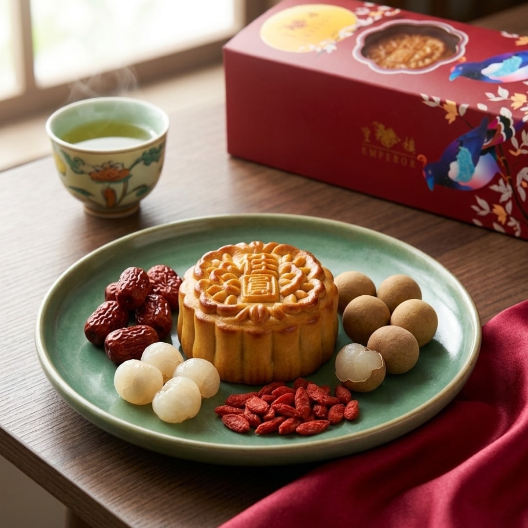 Emperor Jujube Longan Goji Mooncakes 1 | Snack Affair Archives Mooncake on a green plate surrounded by red dates, white and brown spheres, and goji berries with a teacup and festive box in the background.
