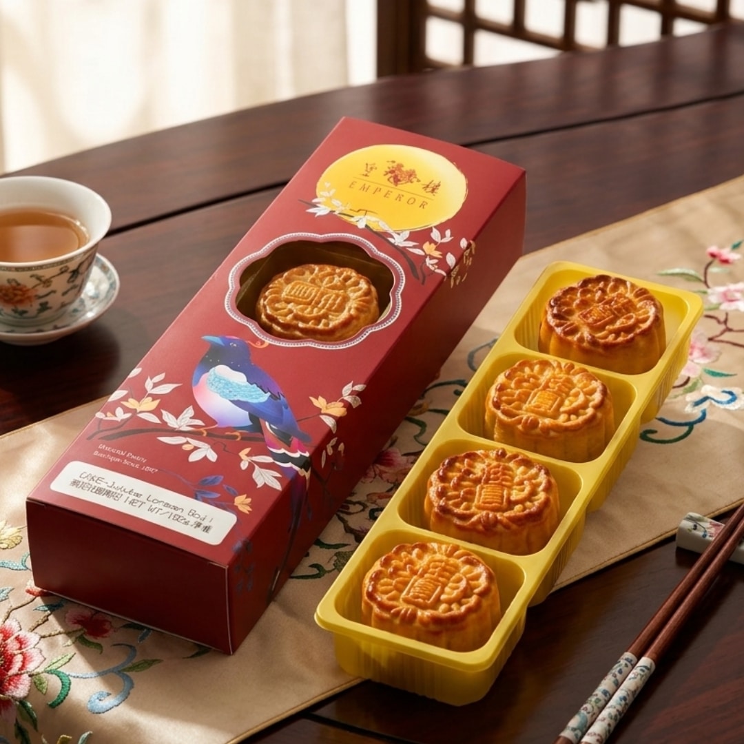Emperor Jujube Longan Goji Mooncakes 2 | Snack Affair Archives Red decorative box with a bird design sits on a wooden table; a mooncake is visible through a window slit, with a yellow tray holding four additional mooncakes nearby and a teacup to the side.