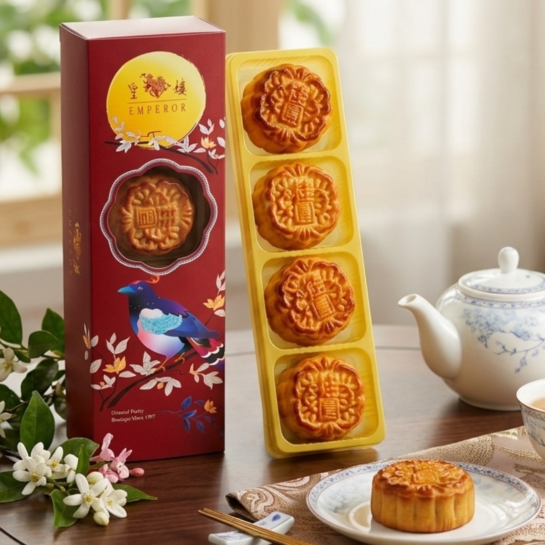 Emperor Jujube Longan Goji Mooncakes 3 | Snack Affair Archives Red decorative box of mooncakes with a blue bird beside a yellow moon emblem and a yellow tray holding four mooncakes; tea set nearby.
