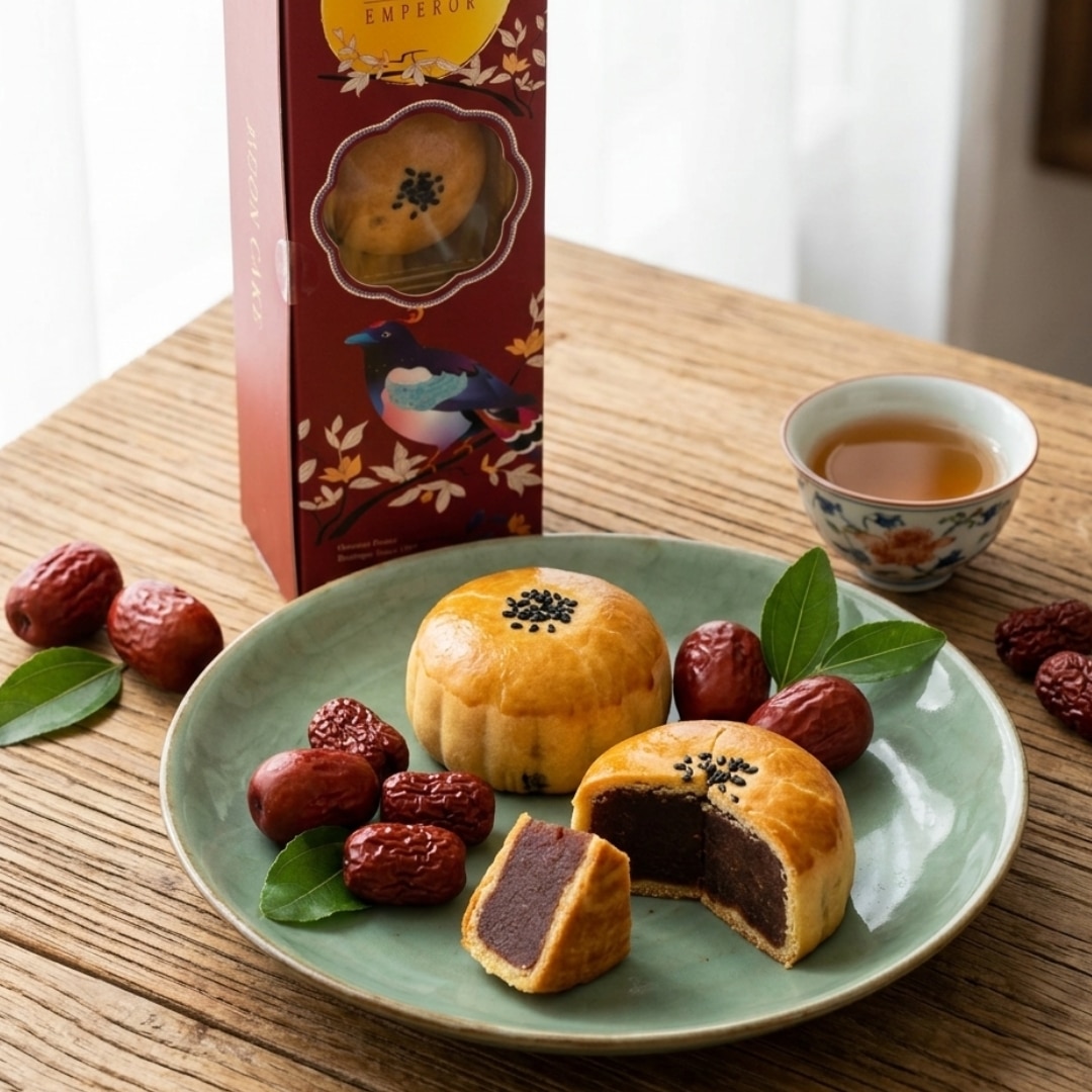 Emperor Jujube mooncake 1 | Snack Affair Archives Mooncakes on a green plate with red dates and a cup of tea nearby, in front of a decorative box on a wooden table.