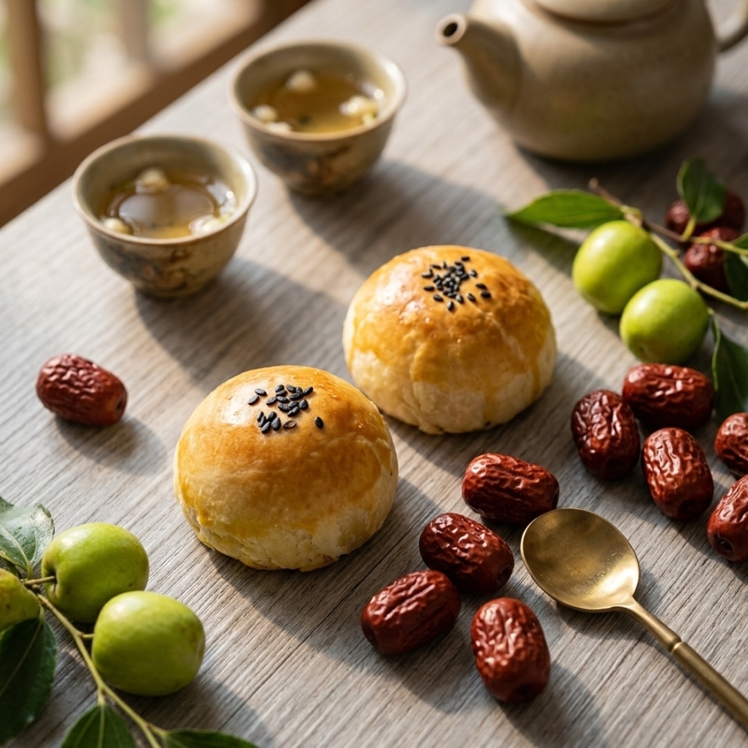 Emperor Jujube mooncake 3 | Snack Affair Archives Two sesame-topped buns on a wooden table with tea cups, a teapot, and surrounding fruits like green plums and dried red dates nearby.