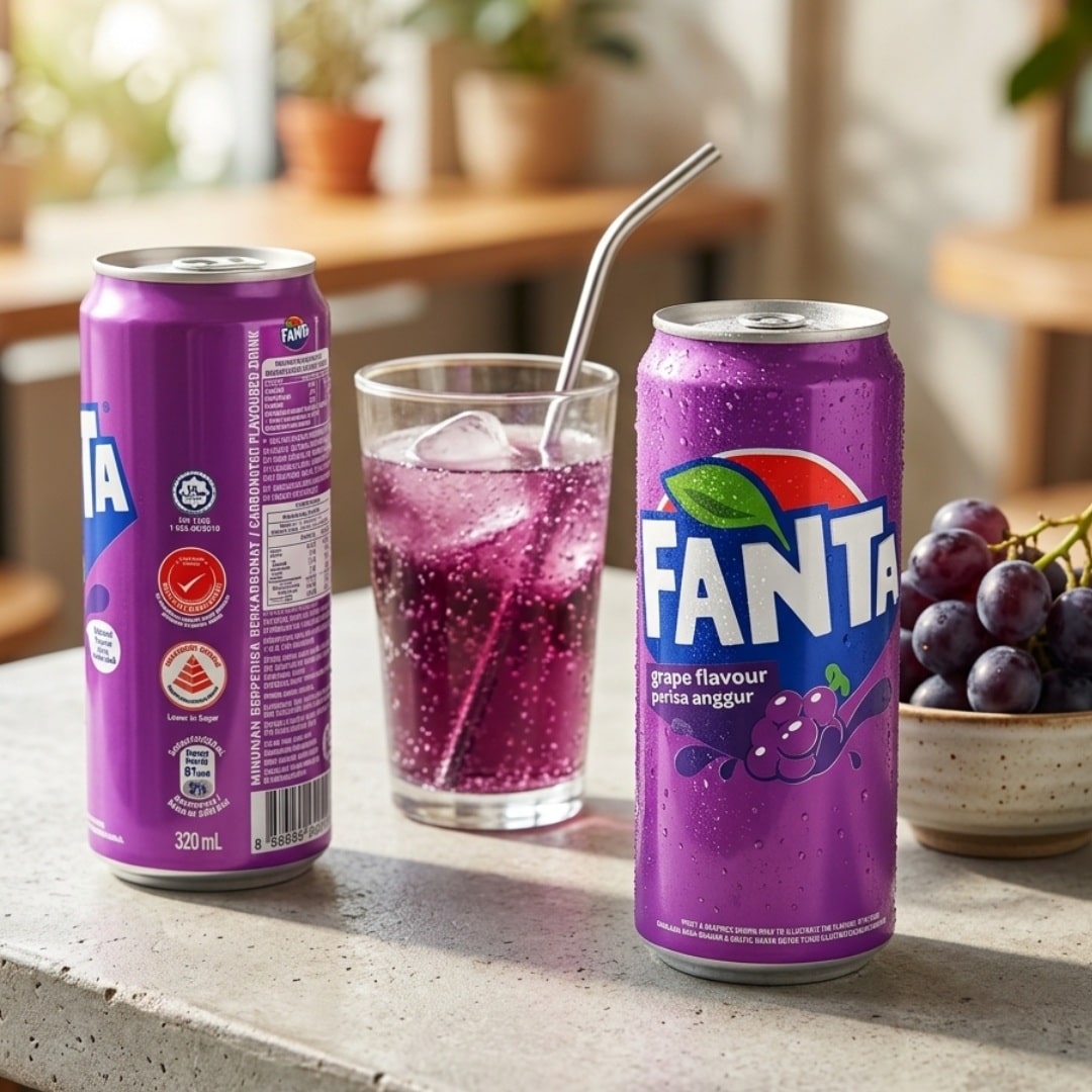 Fanta grape 1 | Snack Affair Archives Two Fanta grape cans on a bright countertop with a glass of purple soda and a bowl of grapes nearby.