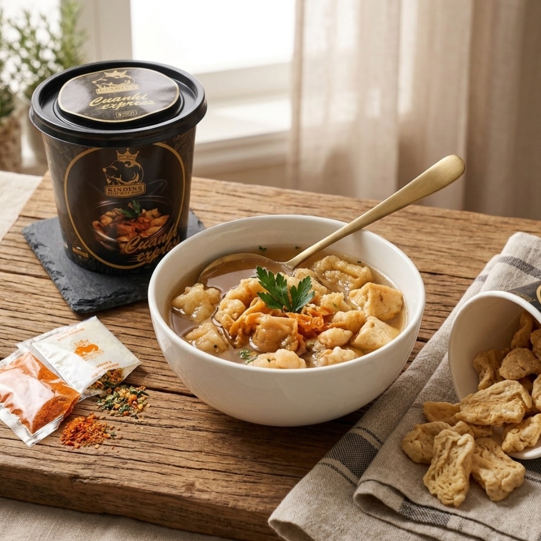 Ginding Cuanki Express Beancurd Fish Soup 2 | Snack Affair Archives White bowl of dumpling soup with a sprig of parsley, on a wooden table with a spoon resting inside the bowl and a jar of soup mix nearby.