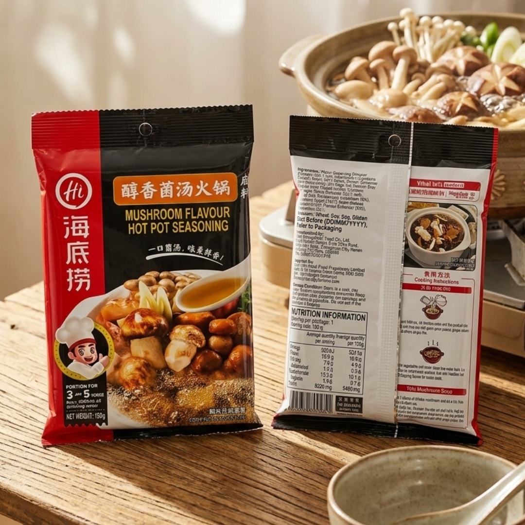 HaiDiLao Mushroom Flavour Hot Pot Seasoning 2 | Snack Affair Archives Two packets of Hi mushroom flavour hot pot seasoning on a wooden table, with a pot of mushrooms in the background.