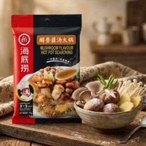 Archives Mushroom flavour hot pot seasoning packet beside a bowl of assorted mushrooms on a wooden table.
