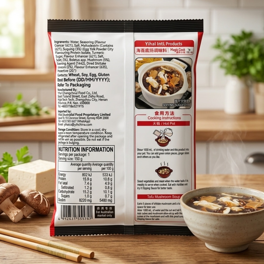 HaiDiLao Mushroom Flavour Hot Pot Seasoning Back | Snack Affair Archives Back of an instant soup package showing ingredients and nutrition facts; a bowl of mushroom soup with chopsticks and mushrooms on a wooden table in a kitchen setting.