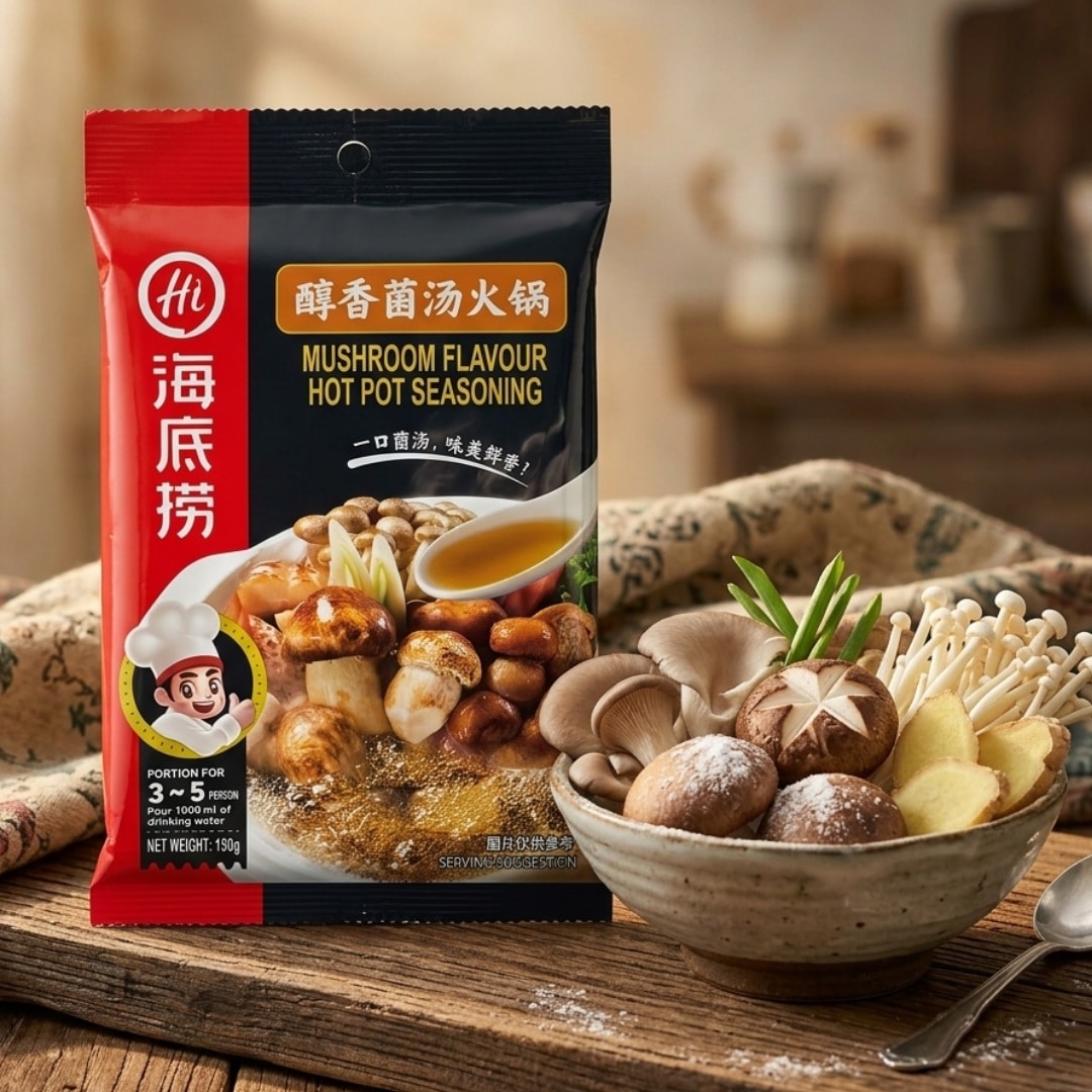 HaiDiLao Mushroom Flavour Hot Pot Seasoning | Snack Affair Archives Mushroom flavour hot pot seasoning packet beside a bowl of assorted mushrooms on a wooden table.