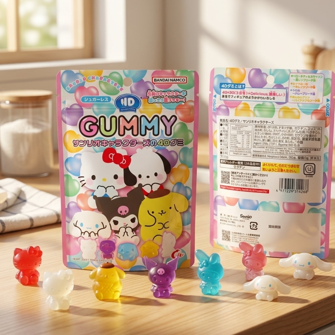 Heart Sanrio Characters Sugarless 4D Gummies | Snack Affair Archives Colorful GUMMY toy packaging with Hello Kitty and friends, plus small plastic figures lined up on a wooden table