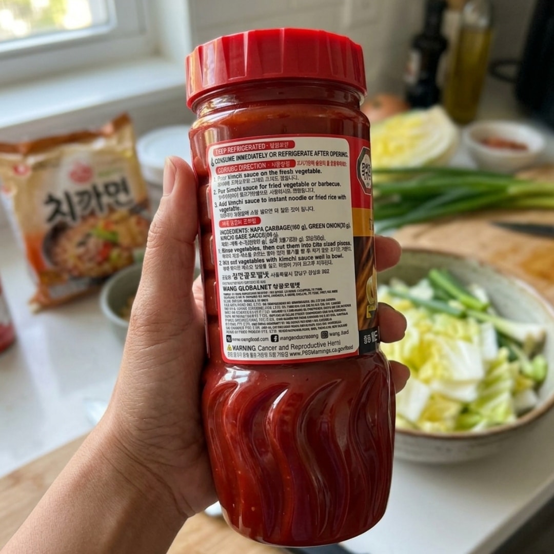Kimchi Base Sauce 1 | Snack Affair Archives Hand holding a red squeeze bottle of sauce with Korean label in a kitchen, with vegetables and a bowl in the background.