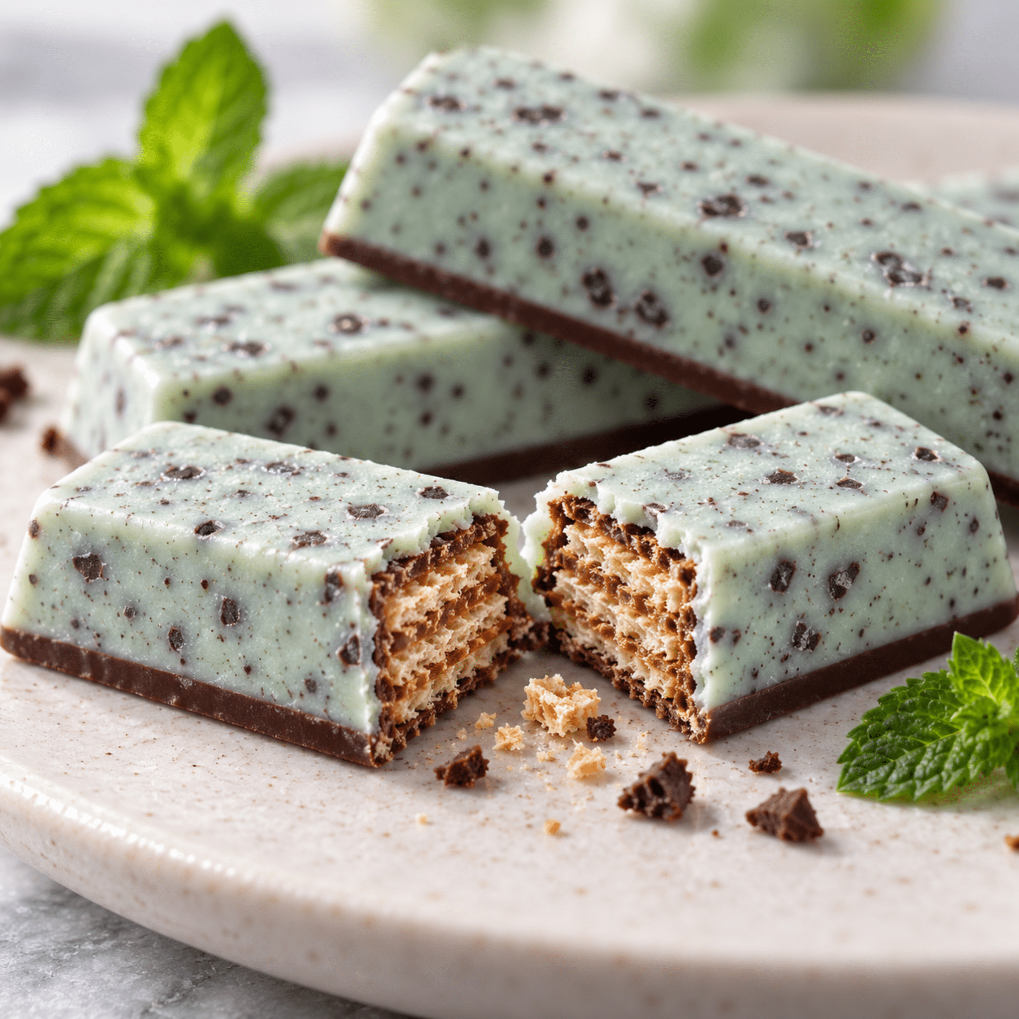 KitKat Chocolate Mint Ice Cream Flavour 9 Pieces Close Up | Snack Affair Archives Slices of mint chocolate bark with a pale green white-chocolate base studded with dark cacao nibs on a plate, garnished with fresh mint leaves nearby.