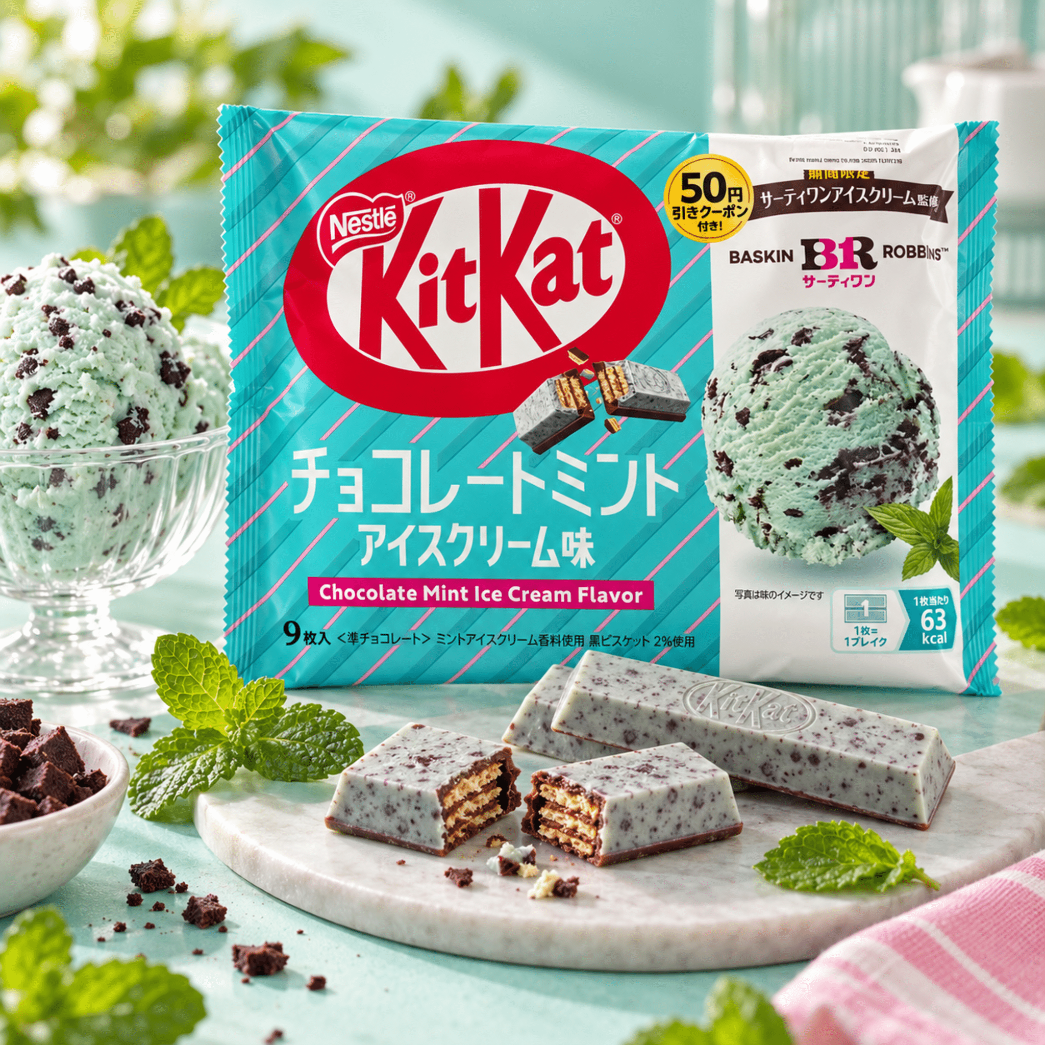 KitKat Chocolate Mint Ice Cream Flavour 9 Pieces Lifestyle | Snack Affair Archives KitKat mint chocolate ice cream flavor packaging with mint ice cream scoops and chocolate pieces nearby, colorful wrapper visible.