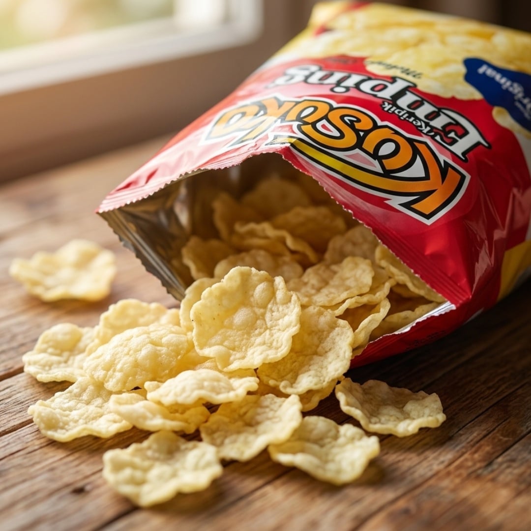 Kusuka Emping Melinjo Chips Original 1 | Snack Affair Archives Red bag of potato chips tipped over with chips spilling onto a wooden table surface.