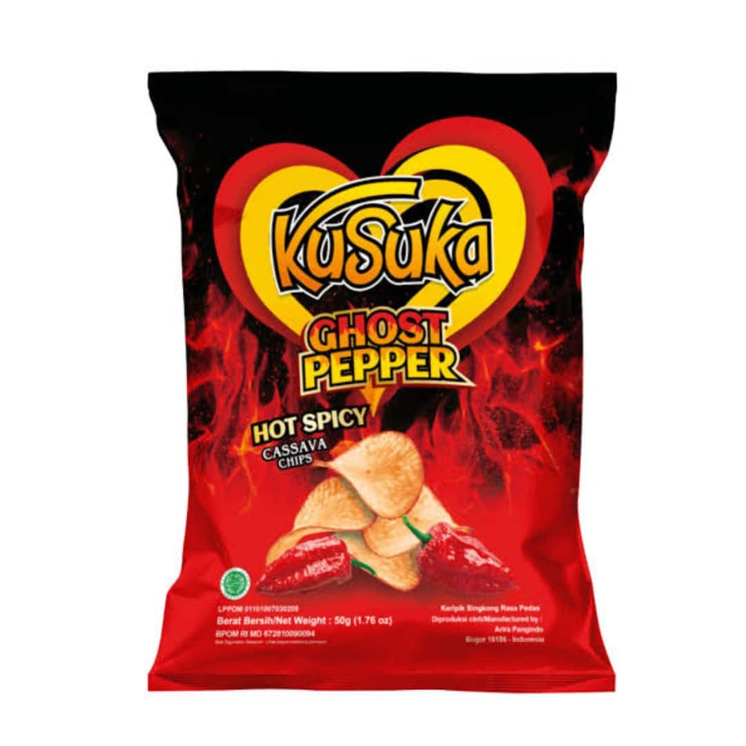 Kusuka Ghost Pepper Cassava Chips white | Snack Affair Archives Bag of Kusuka Ghost Pepper hot spicy cassava chips with a fiery red background and yellow heart logo, featuring the text Ghost Pepper and Hot Spicy Cassava Chips.