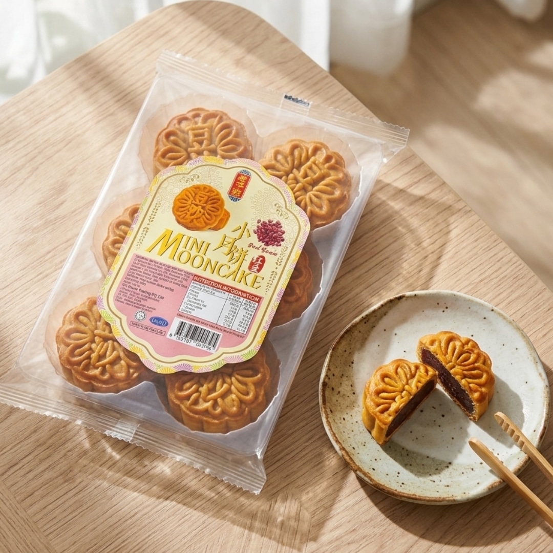LaoZiHao Red Bean Mooncake 1 | Snack Affair Archives Clear bag of mini mooncakes with a decorative label on a wooden table, plus a cut mooncake on a speckled plate with chopsticks nearby.