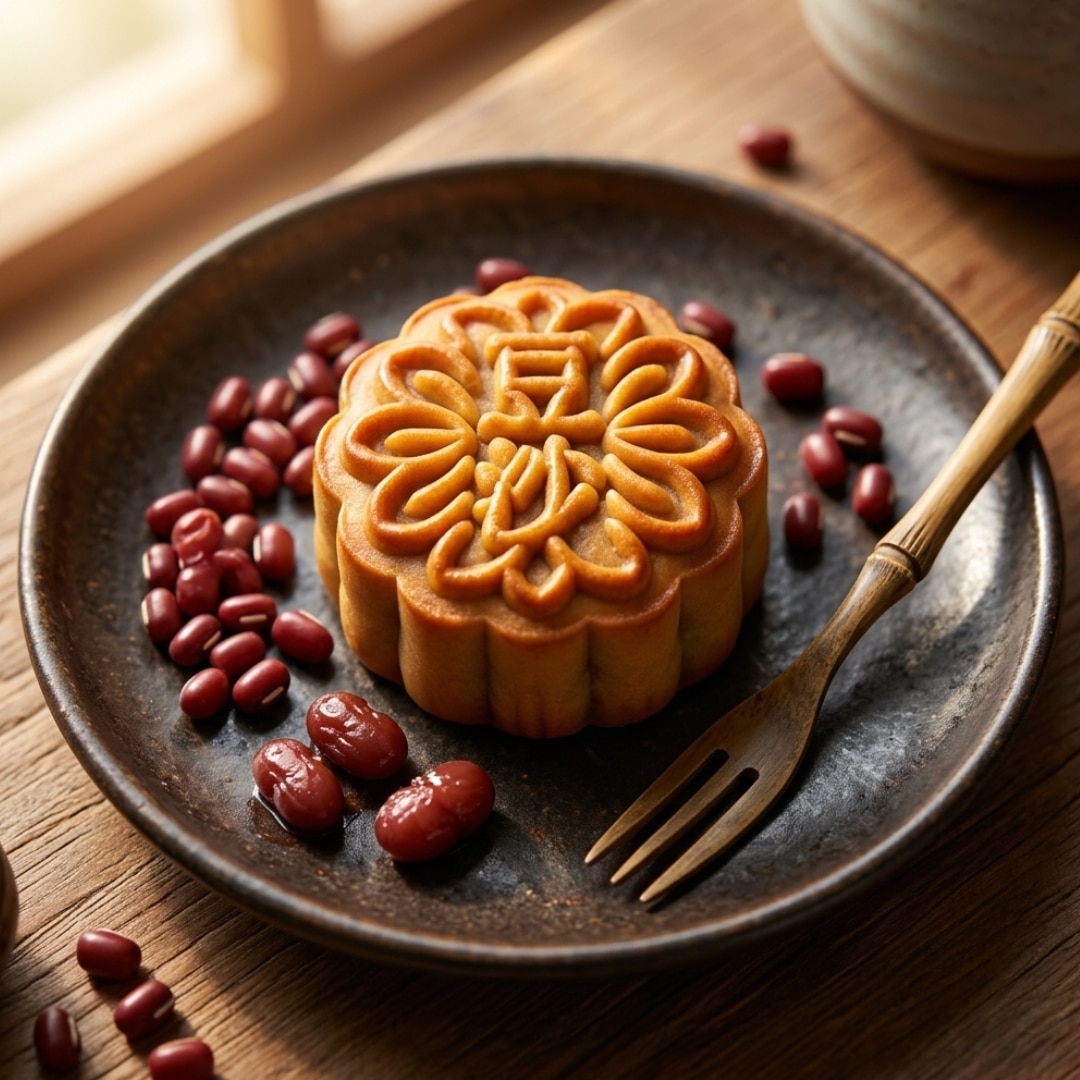 LaoZiHao Red Bean Mooncake 2 | Snack Affair Archives Mooncake with an intricate floral pattern on a dark plate, surrounded by red beans and a wooden fork nearby.