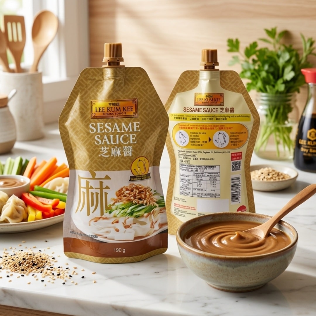 Lee Kum Kee Sesame Sauce 3 | Snack Affair Archives Two Lee Kum Kee sesame sauce pouches on a marble kitchen counter with a bowl of sesame sauce and a veggie platter nearby.