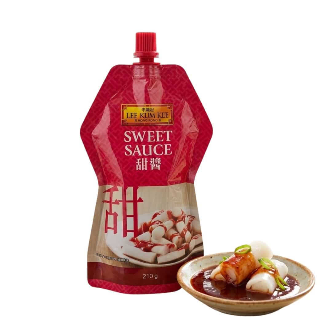 Lee Kum Kee Sweet Sauce white background | Snack Affair Archives Sweet sauce pouch (Lee Kum Kee) with a plated dish of skewered meat and sauce beside it, 210 g package for dipping or cooking.