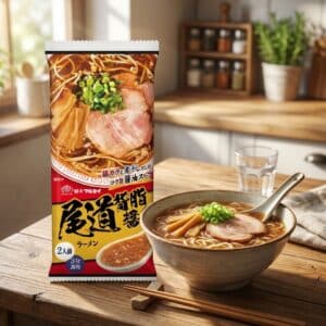 Archives Bag of Japanese ramen mix standing on a wooden counter beside a bowl of prepared ramen with pork and green onions.