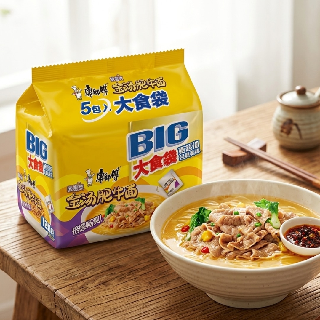 Master Kong Big Golden Soup Beef Noodles 5 Pack 1 | Snack Affair Archives Yellow BIG-brand instant noodle package on a wooden table next to a bowl of beef noodle soup with greens and a small dipping sauce on the side.