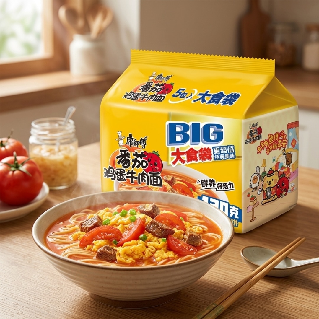 Master Kong Tomato Egg Beef Instant Noodles 1 | Snack Affair Archives Yellow boxed noodle soup mix labeled 'BIG' next to a steaming bowl of noodles with beef, tomatoes, and scrambled egg; chopsticks nearby on a wooden table.