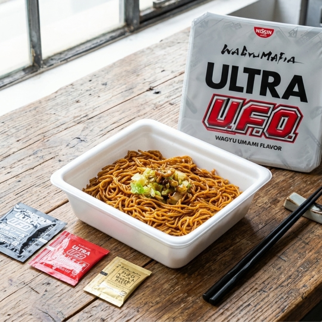 Nissin UFO Wagyu Umami yakisoba 3 | Snack Affair Archives White takeout container of cooked noodles with toppings, placed on a wooden table beside seasoning sachets and chopsticks.