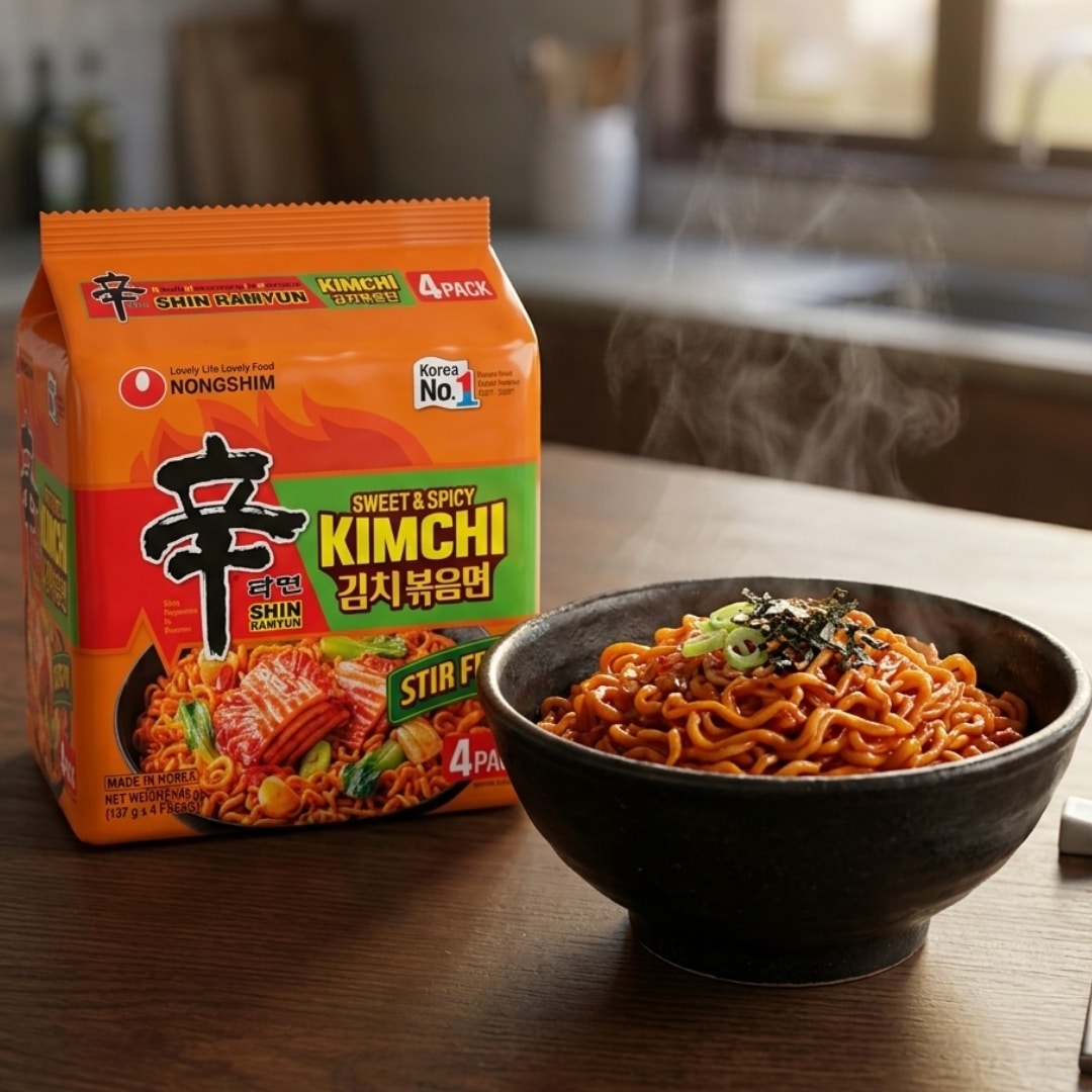 Nongshim Shin Sweet Spicy Kimchi Stir Fry Noodles 1 | Snack Affair Archives Orange Shin Ramyun Kimchi noodle package beside a steaming bowl of spicy ramen on a wooden table.