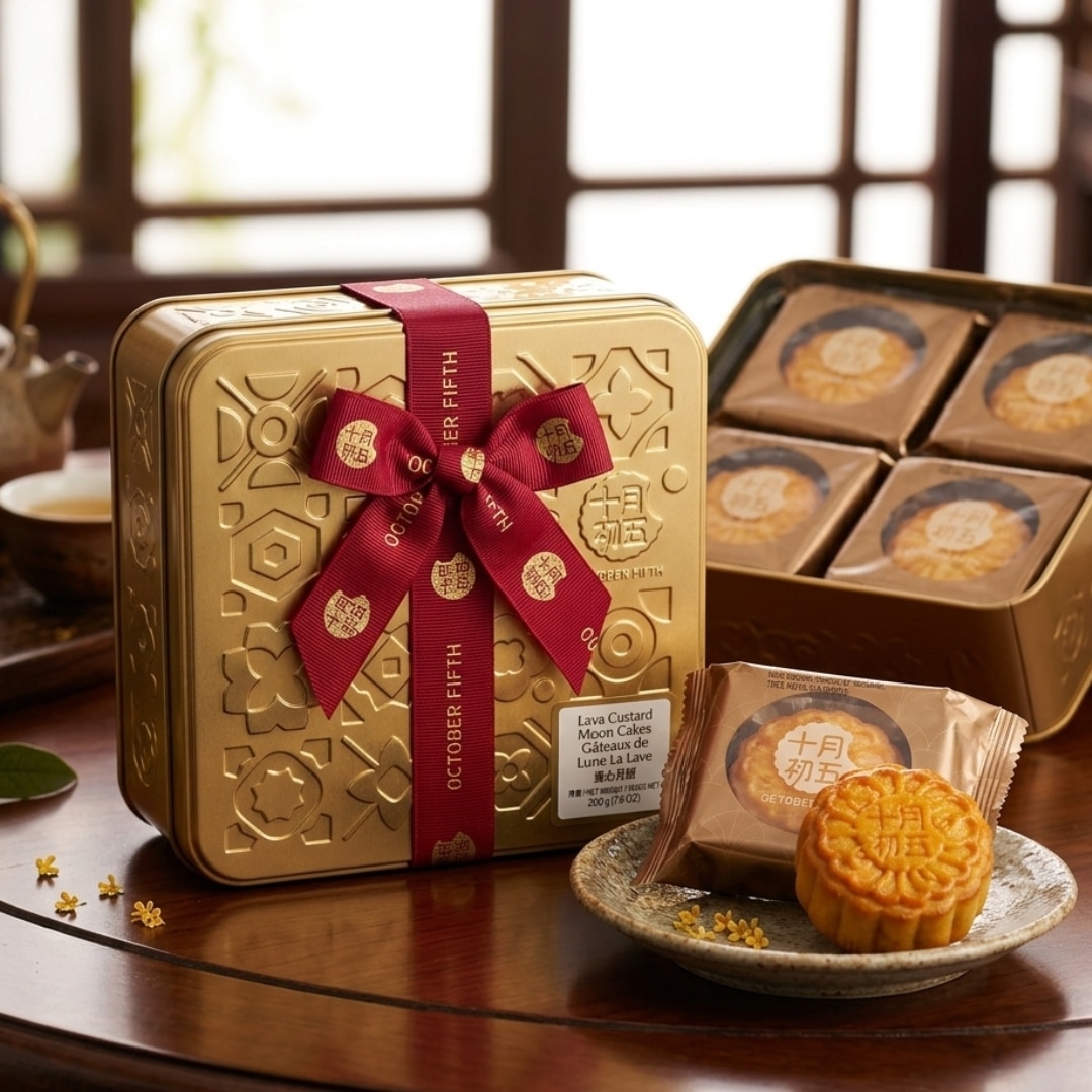 October Fifth truffle Lava Custard Mooncakes Gift Tin 1 | Snack Affair Archives Gold gift tin tied with a red ribbon, embossed with decorative patterns, mooncakes beside it on a wooden table.
