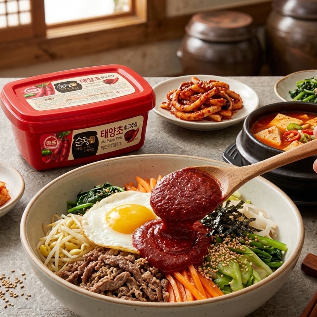 Sajo Gochujang 3 | Snack Affair Archives Bibimbap bowl with beef, vegetables, and a sunny-side egg; red gochujang sauce on a wooden spoon above the dish.