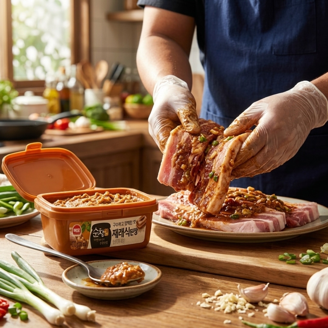 Sajo Sunchang Traditional Soybean Paste Doenjang 4 | Snack Affair Archives Person in gloves stacks marinated pork ribs over a platter on a wooden counter, with an open sauce jar nearby in a bright kitchen.